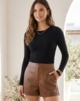 Long sleeve side shirred top in bamboo rib knit fabric for comfort and style
