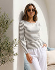 Steff Side Shirred Top heather gray navy stripe long sleeve crew neck with side shirring detail