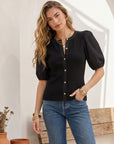 Terryn Contrast Short Sleeve Top with puff sleeves and front button closure in soft knit and contrast woven fabric