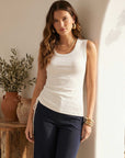 Tia Side-Shirred Tank in soft cotton-modal rib knit with adjustable side shirring and asymmetrical hem
