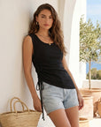 Tia Side-Shirred Tank sleeveless cotton-modal rib knit top with adjustable side shirring and asymmetrical hem