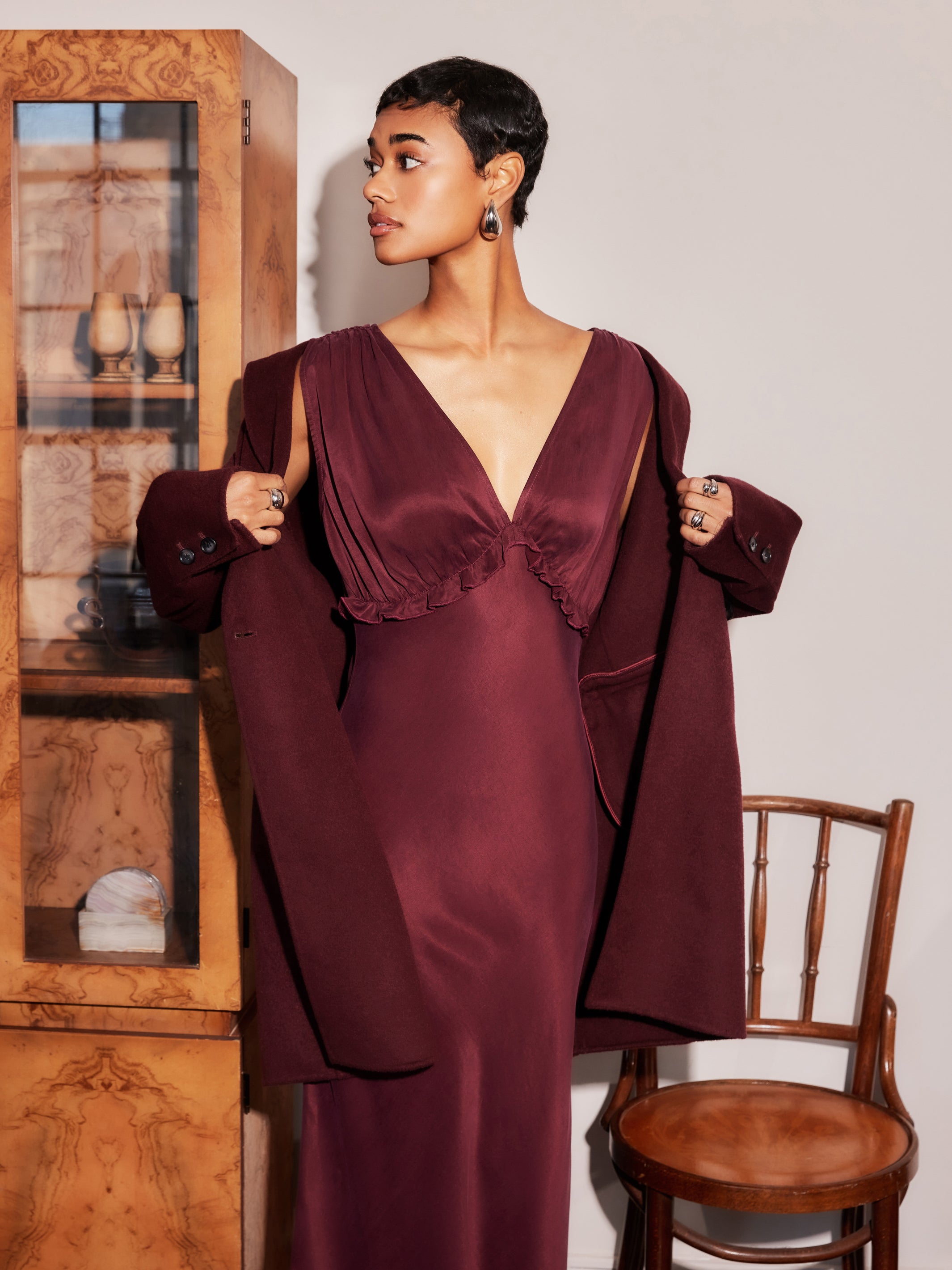Cierra Ruffle Detail Midi Dress