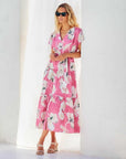 Kristine Tiered Front Slit Midi Dress in peony pink watercolor floral with V-neck and adjustable waist tie