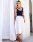 Thea Contrast Midi Dress sleeveless scoop neck with fitted bodice and flowing striped waistband midi skirt