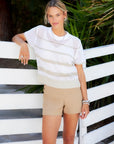 Lightweight Faye Crochet Sweater Top with short sleeves and crew neckline in open-knit design