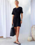 Diana Side-Knot Dress in soft cotton-modal rib knit with waist-cinching side knot and crew neck