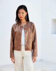 Brown Kaylyn Faux Leather Jacket with metal buttons and scoop neckline
