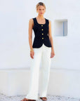 June Button-Up Vest sleeveless tailored vest with gold buttons and scoop neck in double stretch twill