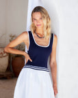 Thea Contrast Midi Dress sleeveless fitted bodice striped waistband flowing midi skirt