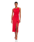 Woman wearing red Maddie Side-Knot Midi Dress with sleeveless design, crew neck, side knot detail, and front slit.