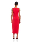 Back view of a woman wearing a red Maddie Side-Knot Midi Dress, sleeveless with a crew neck and fitted silhouette.