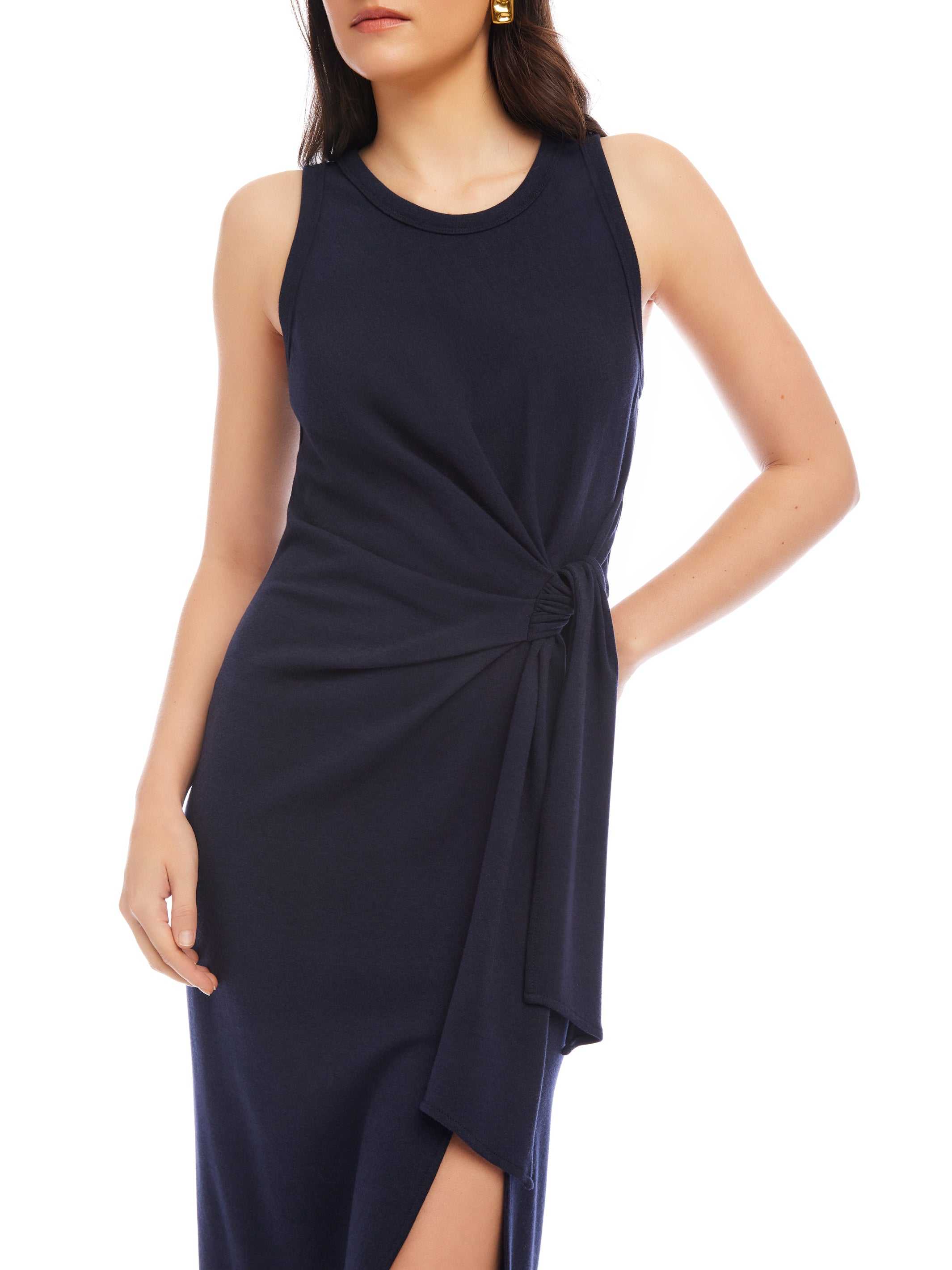 Maddie Side-Knot Midi Dress sleeveless navy fitted dress with side knot and slit