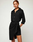 Maeve Dress black asymmetrical hem linen blend button closure wrap waist