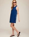 Clarice Side-Button Shift Dress sleeveless navy linen dress with side buttons and scoop neck