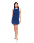 Clarice Side-Button sleeveless navy linen shift dress with side buttons and scoop neck