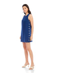 Clarice Side-Button sleeveless navy linen shift dress with functional side buttons and scoop neck