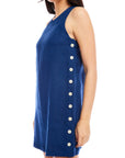 Sleeveless navy linen Clarice Side-Button shift dress with white side buttons and scoop neck