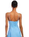 Back view of Jessa Midi Dress in light blue with adjustable straps and fitted bodice