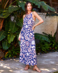 Sera A-line Dress navy floral print sleeveless maxi dress with adjustable straps and invisible back zipper