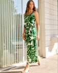 Etta Cropped Drawstring Pants with relaxed fit, wide legs, and adjustable waist in Monstera Satin Print