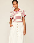 Woman wearing red and white striped Courtney Contrast Top with crew neck and drop shoulder sleeves