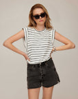 Janice Extended Sleeve Top black striped heather jersey sleeveless crew neck with wide edge detailing