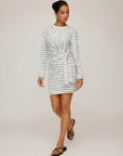 Darla Side-Knot Dress with long sleeves and heather stripe pattern, side-knot waist detail, fitted silhouette, black stripes on off-white fabric
