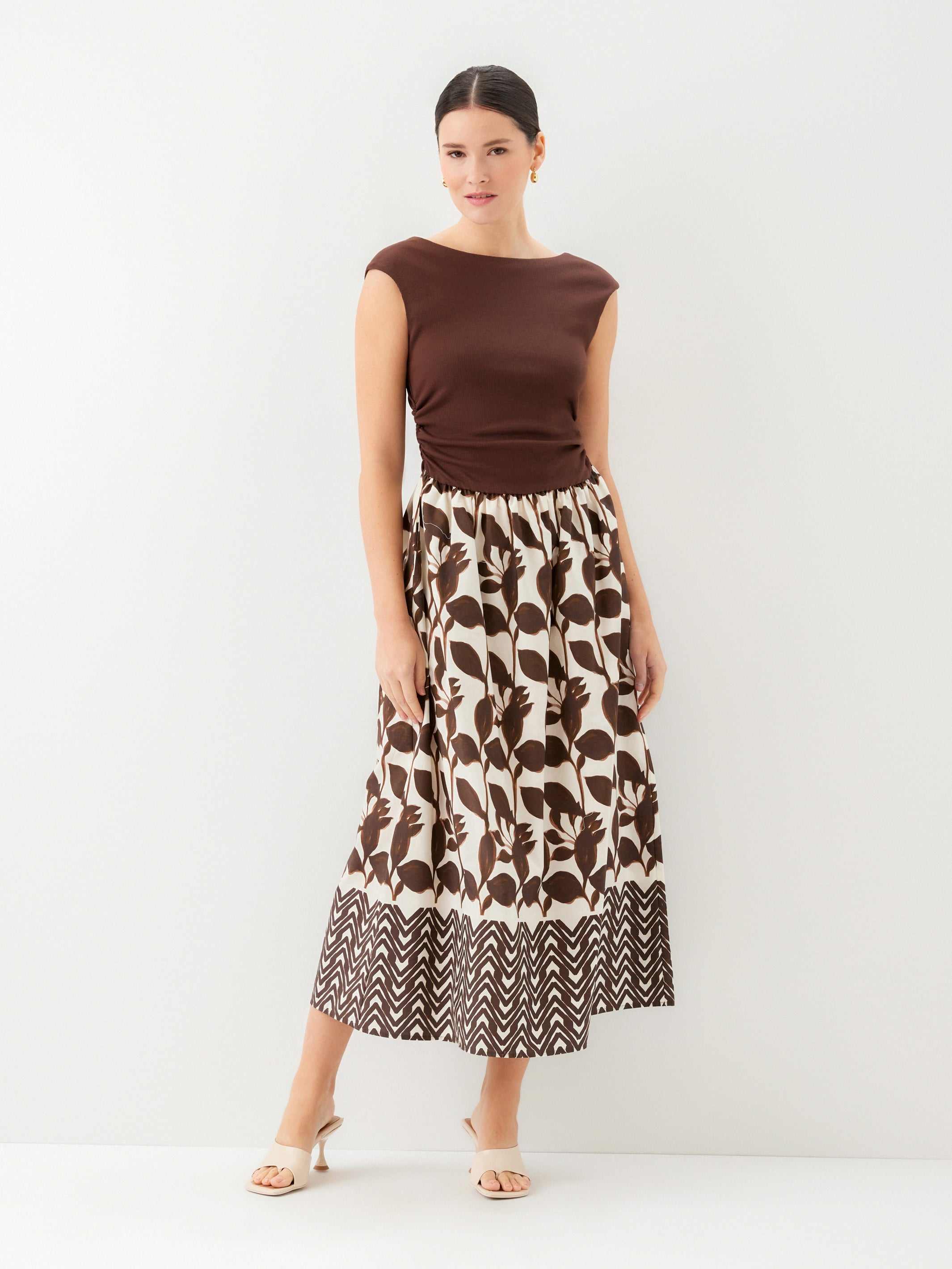 Carina Long Contrast Dress- Brown With Cream - XS