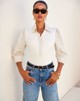 Camden Contrast Henley Top cream knit with beige linen sleeves and henley buttons