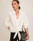 Jena Lantern Sleeve Tie-Front Top in white cotton poplin with collar and 3/4 lantern sleeves