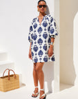 Brianne Lantern Sleeve Dress navy floral cotton poplin shift with split neckline and lantern sleeves