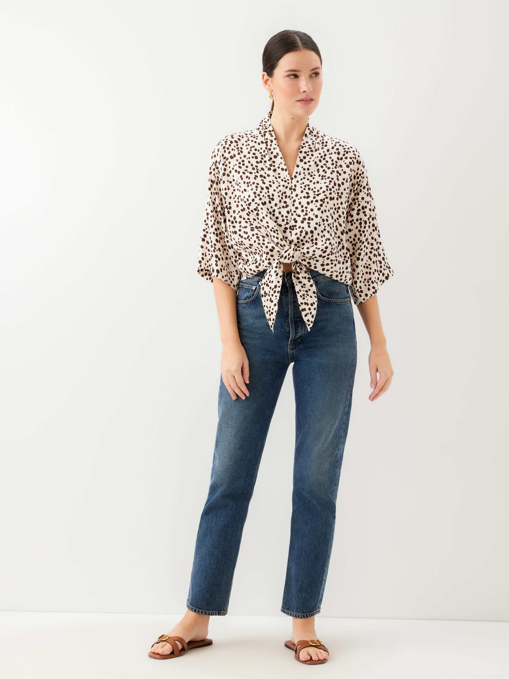 Bernice Tie-Front Blouse - Elegant Wild Cat Print Satin Top