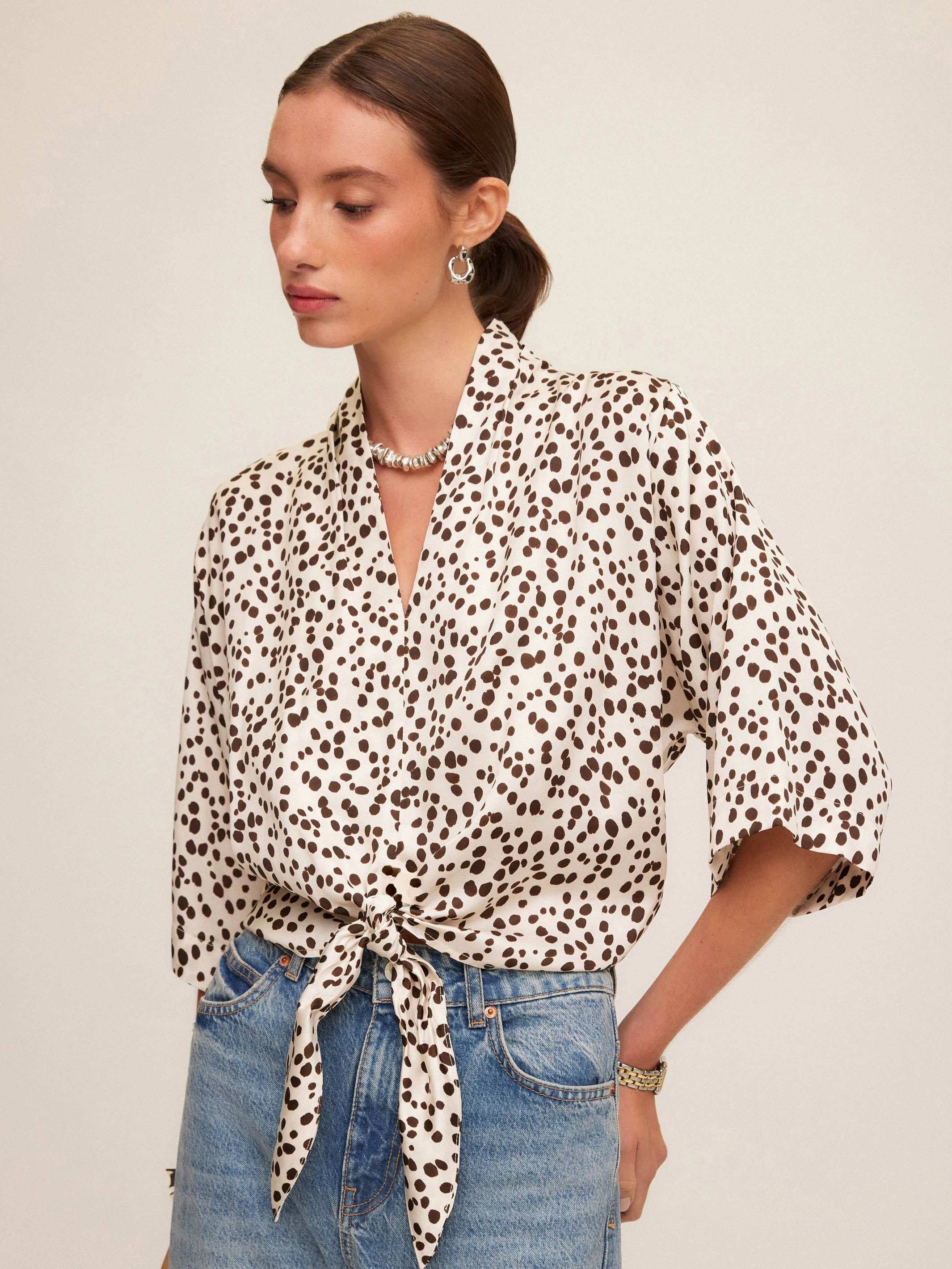 Bernice Tie-Front Blouse - Elegant Wild Cat Print Satin Top