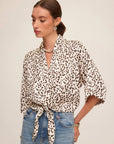 Bernice Tie-Front Blouse beige wild cat print satin v-neck with 3/4 drop shoulder sleeves and adjustable tie-front closure