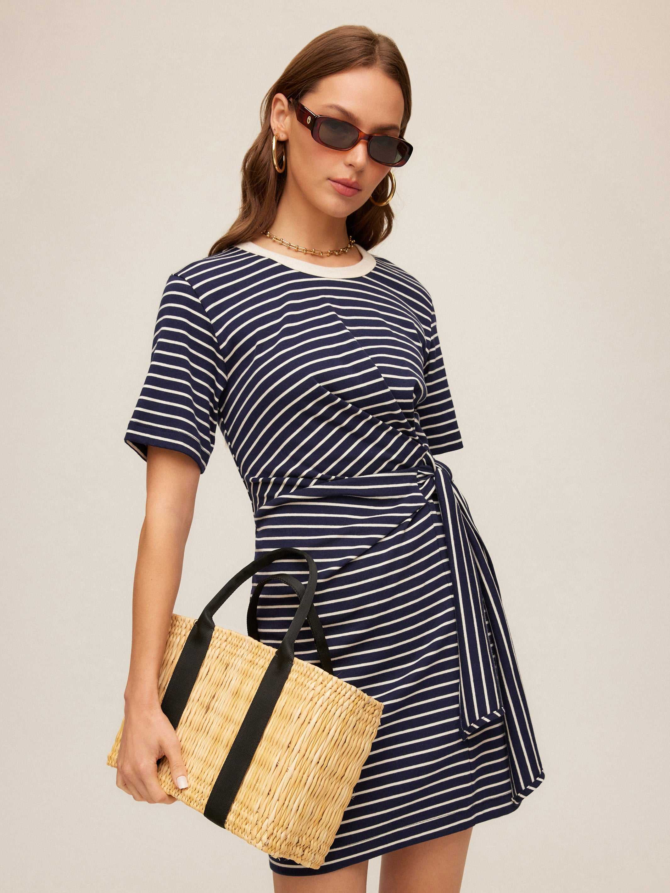 navy blue and white summer dress Fifteen Twenty Women's Darla Side-Knot Contrast Dress In Navy With Cream 2F56802