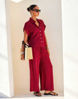 Red Amanda Full Length Pants with white pinstripe, elastic waistband, drawstring, wide-leg, and front patch pockets