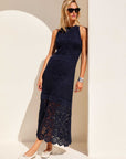 Londyn Crochet Dress sleeveless midi with fitted bodice and flared skirt in intricate cotton crochet lace