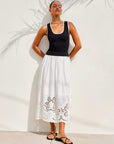 Alicia Contrast Midi Dress sleeveless fitted knit bodice with contrast trim and flowing embroidered midi skirt