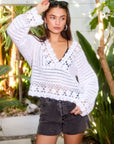 Nila Hand Crochet Pullover with relaxed fit, V-neck, long sleeves, and intricate hand-crocheted detailing