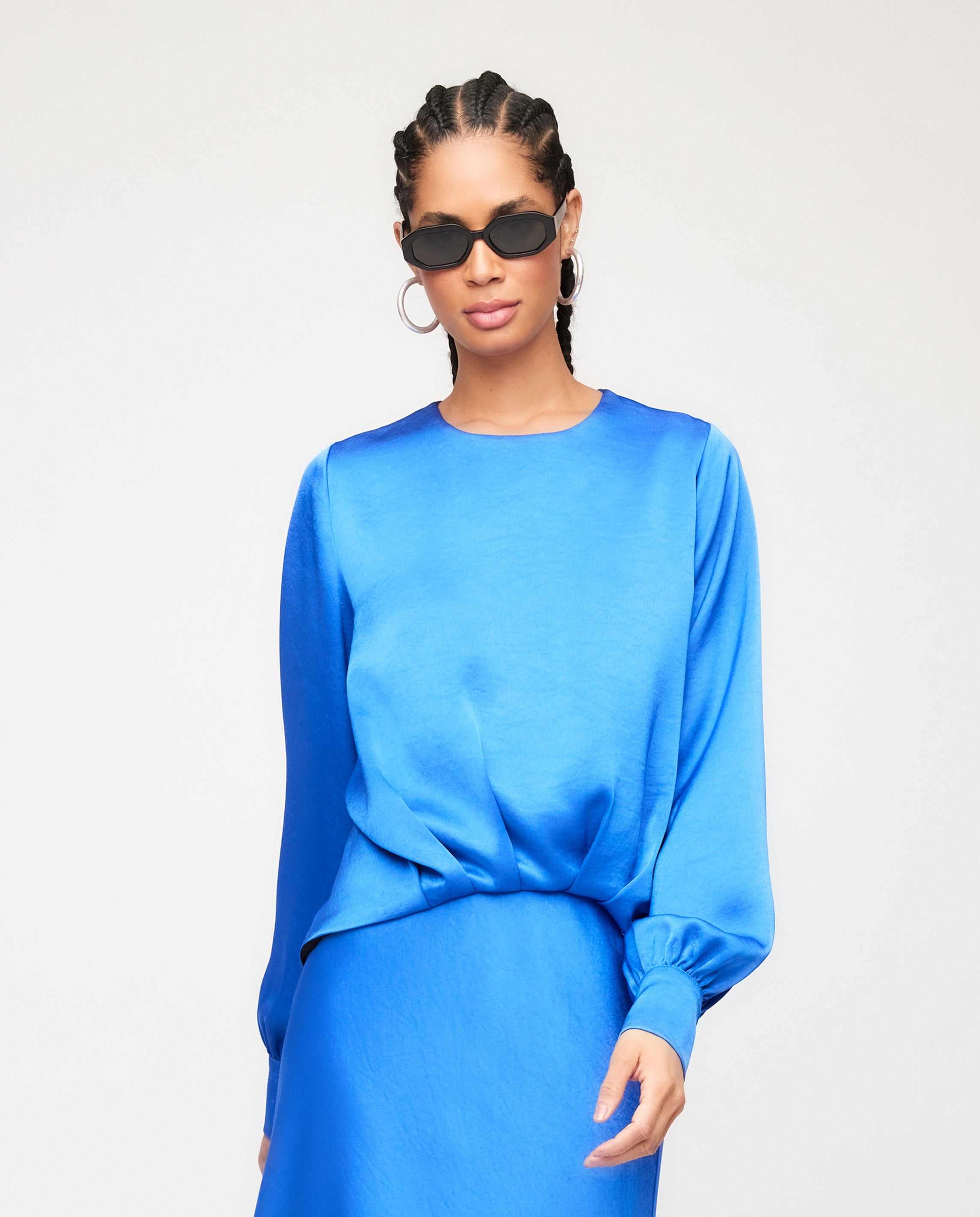 Fifteen Twenty Women's Blouson Satin Top In Electric Blue 3F11801 | Size: L Fifteen Twenty Women's Blouson Satin Top In Electric Blue 3F11801 | Size: L