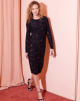 Carolina Dress velvet burnout paisley print bodycon below knee long sleeves round neck