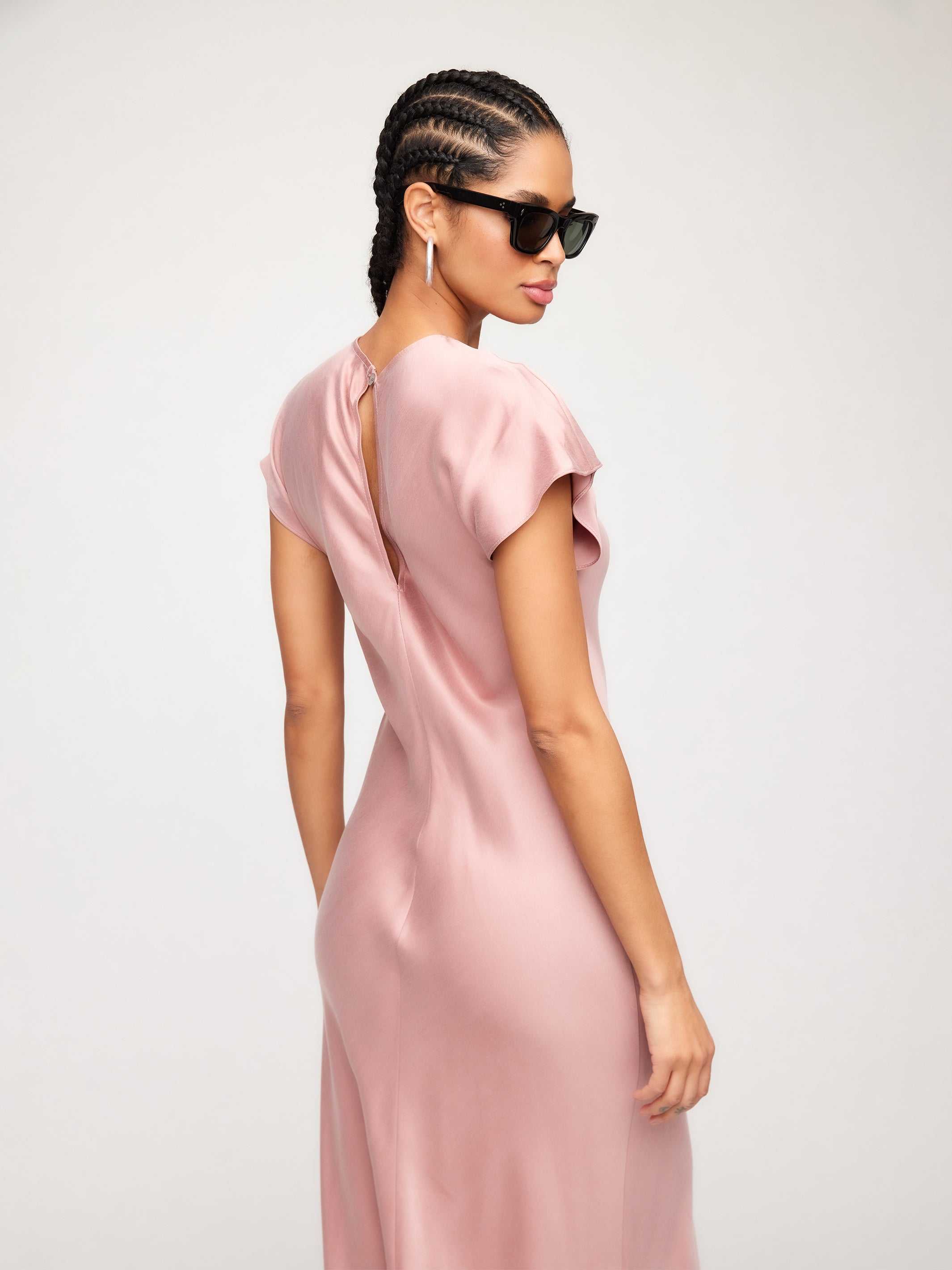 bias satin dress One-shoulder Bias-cut Satin Maxi Bridesmaid Dress With Cascading Shoulder Bow In Champagne