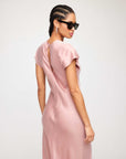 Emmeline Bias Dress in silky fabric with fitted waist and cap sleeves