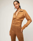 Arabella Shirred Top in soft woven cupro with collared V-neck and cuffed long sleeves
