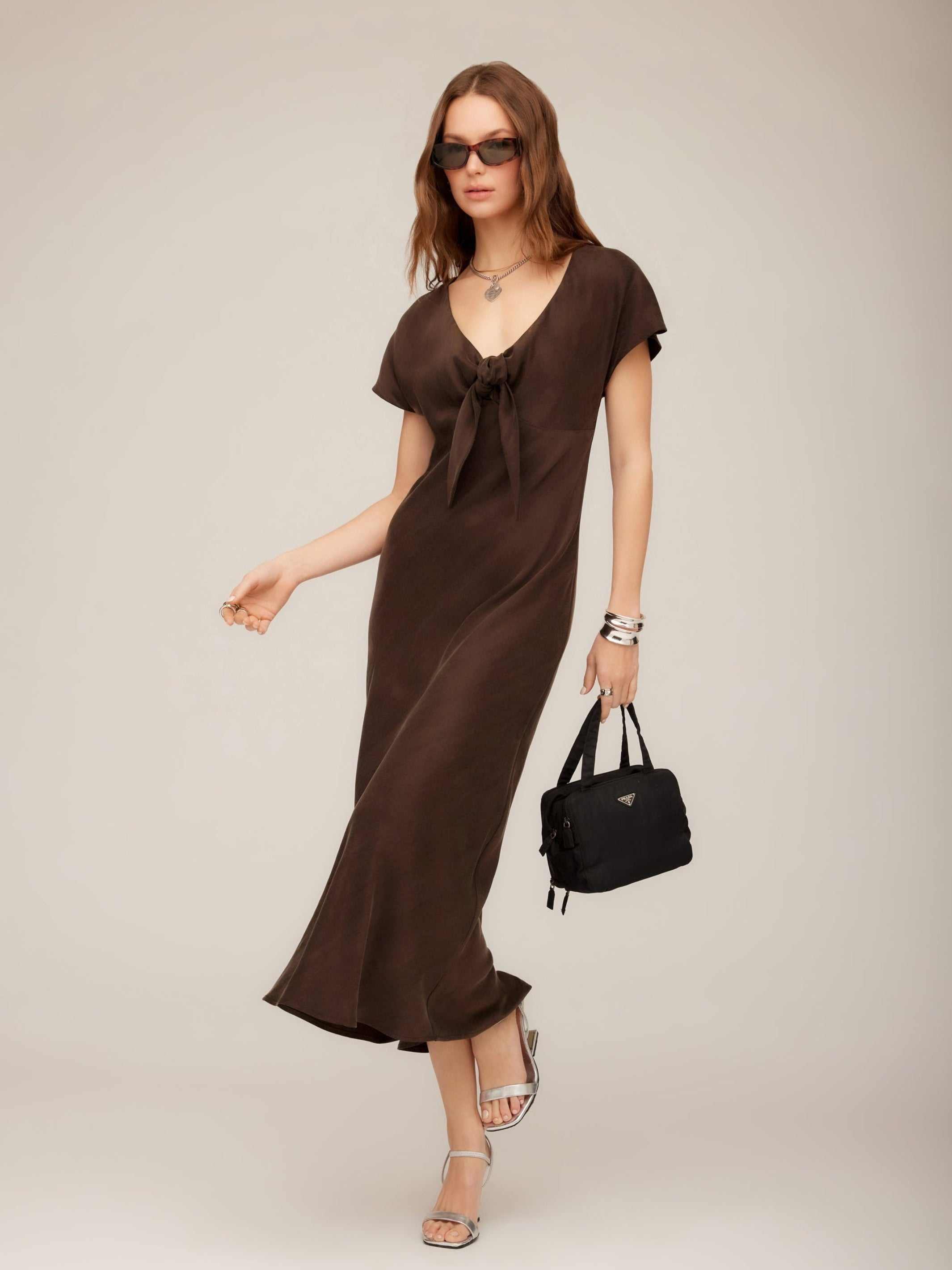 Fifteen Twenty Emmeline Tie Front Midi Dress - Brown Fifteen Twenty Emmeline Tie Front Midi Dress - Brown