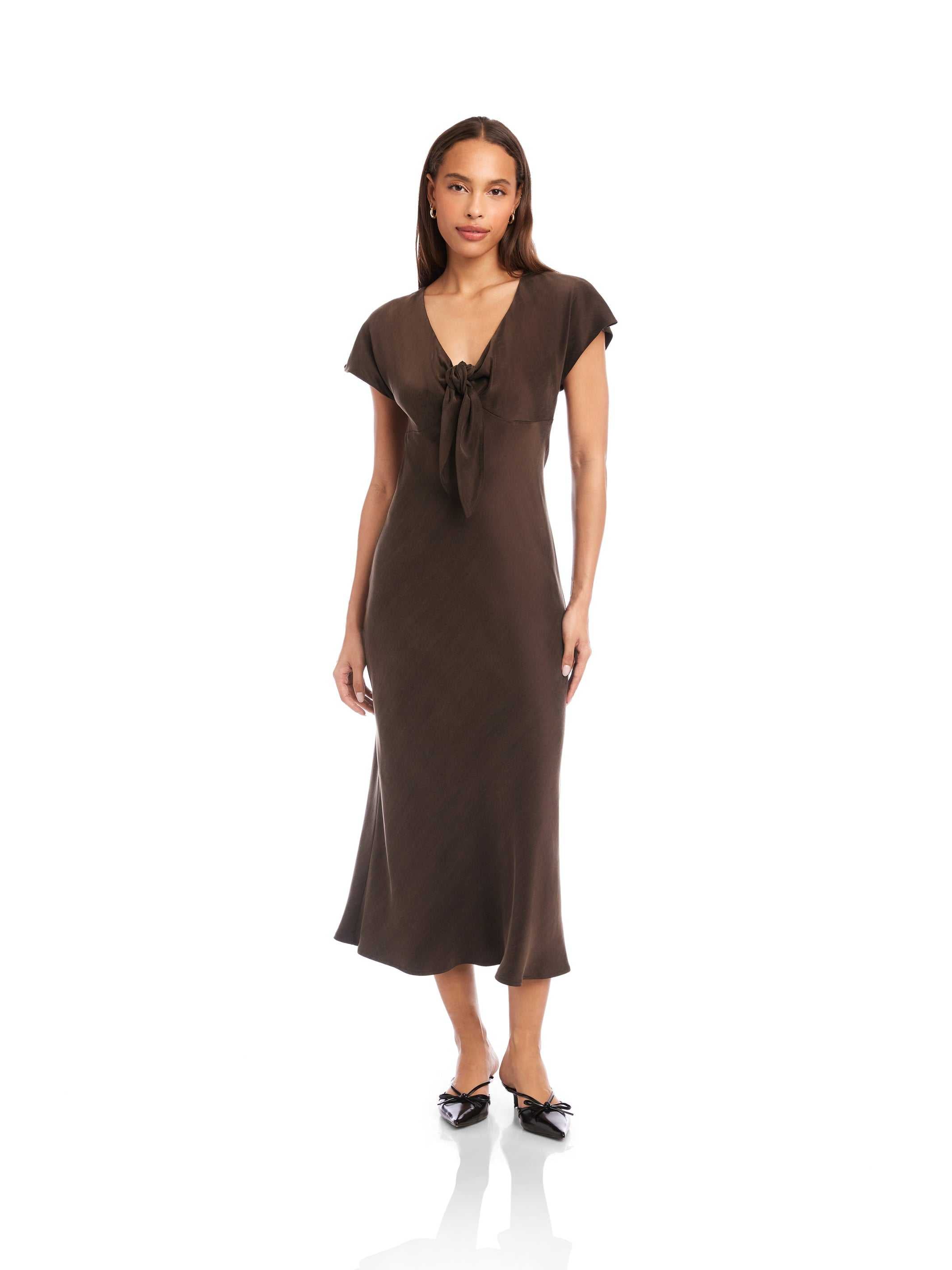 Fifteen Twenty Emmeline Tie Front Midi Dress - Brown Fifteen Twenty Emmeline Tie Front Midi Dress - Brown