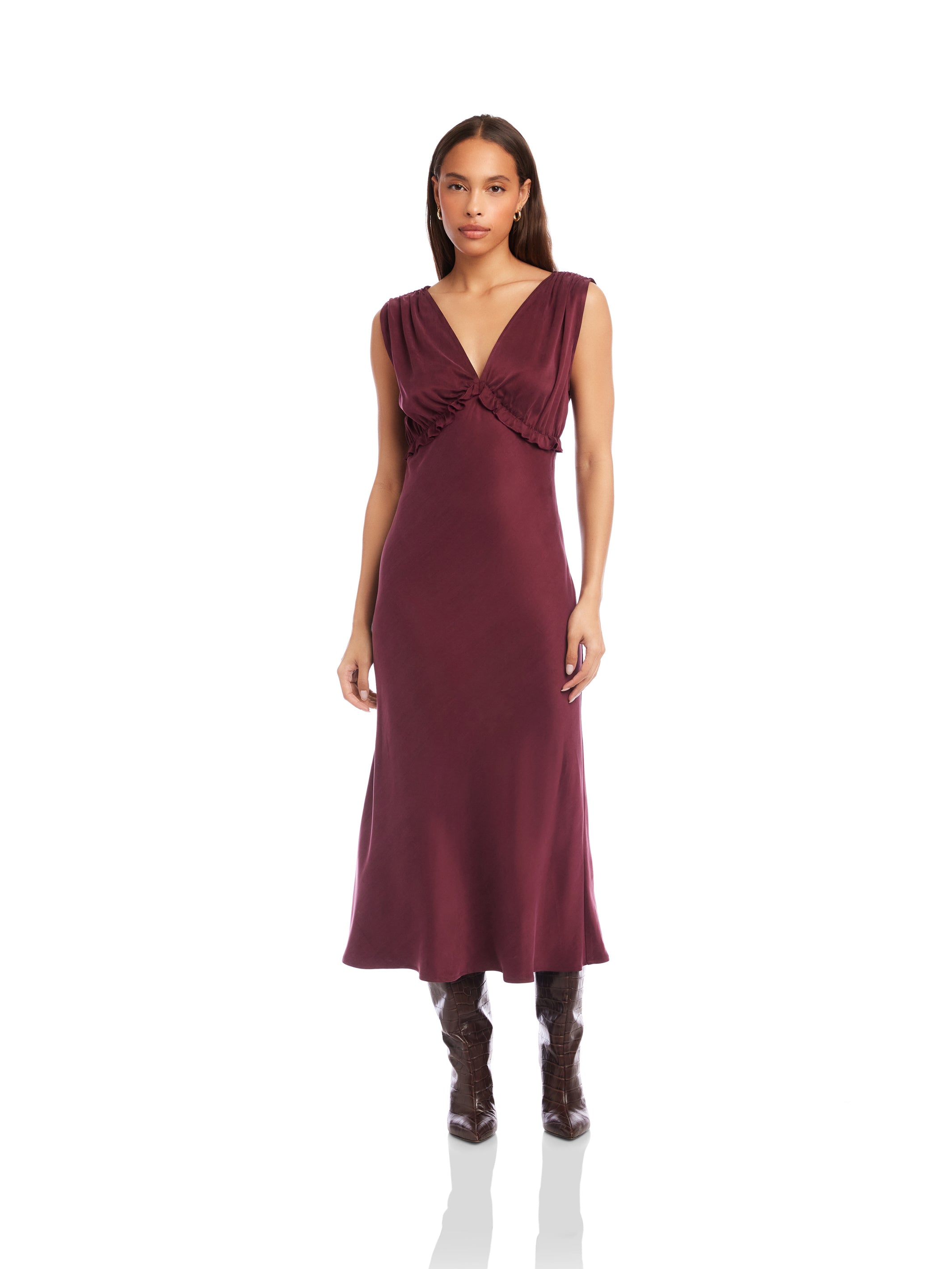 Cierra Ruffle Detail Midi Dress