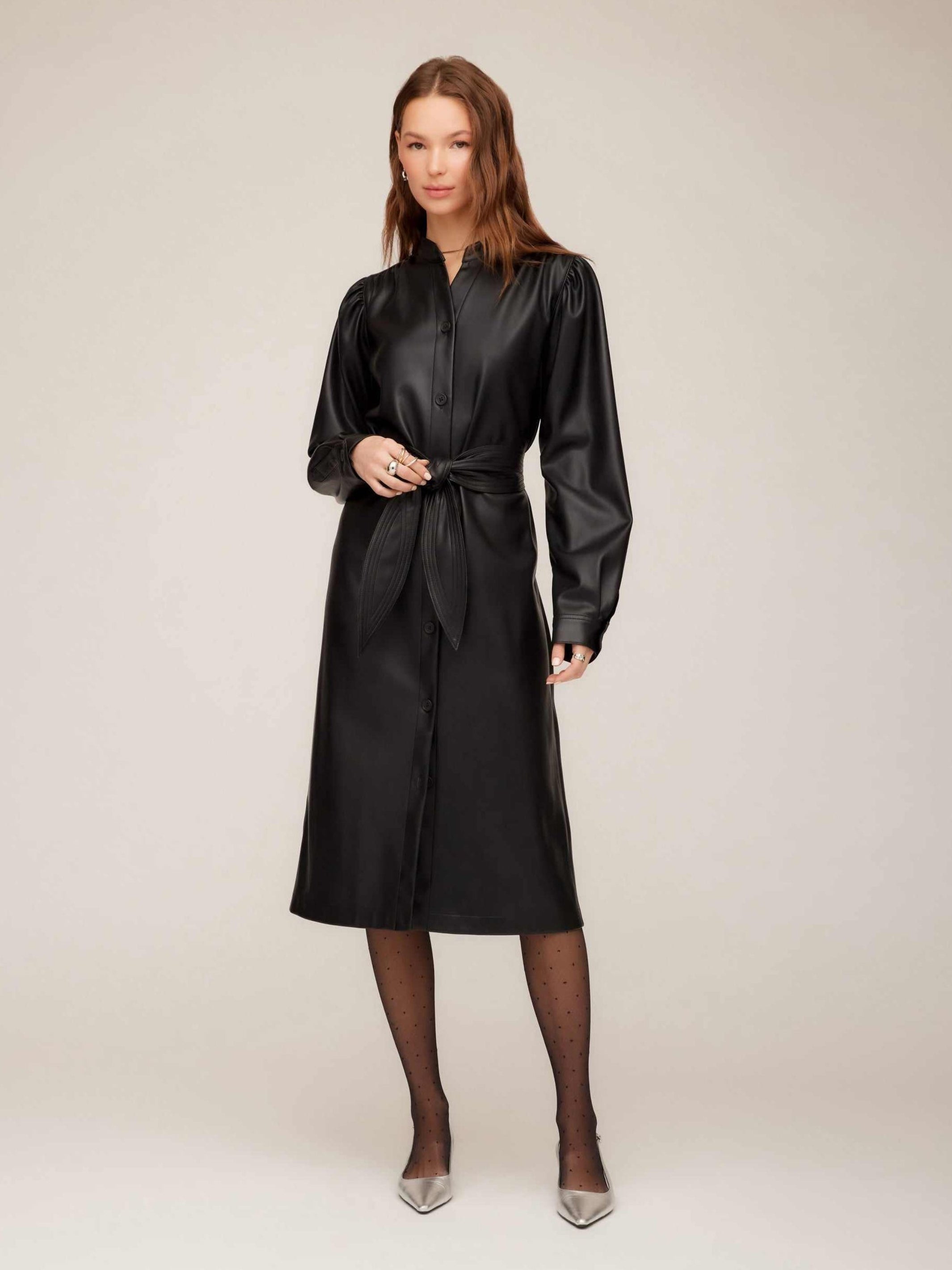Jennifer Faux Leather Dress midi shirt dress with mandarin collar and button-down front in black faux leather