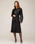 Jennifer Faux Leather Dress midi shirt dress with mandarin collar and button-down front in black faux leather
