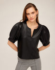 Black faux leather Poof Blouse with split neckline and puff sleeves on model